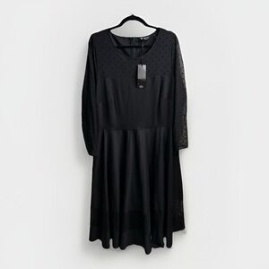 Jameela Jamil Womens Black Midi‎ Evening Dress Sheer Dot Sleeve Quiet Luxury  18